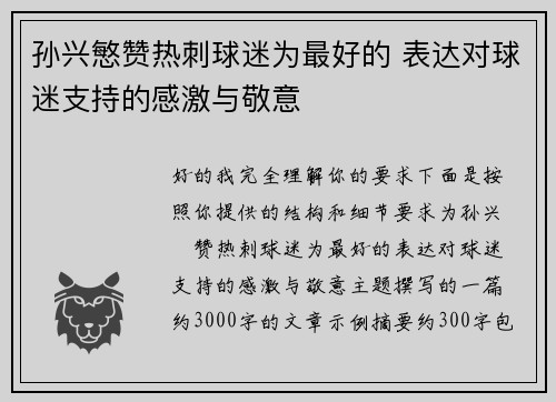 孙兴慜赞热刺球迷为最好的 表达对球迷支持的感激与敬意